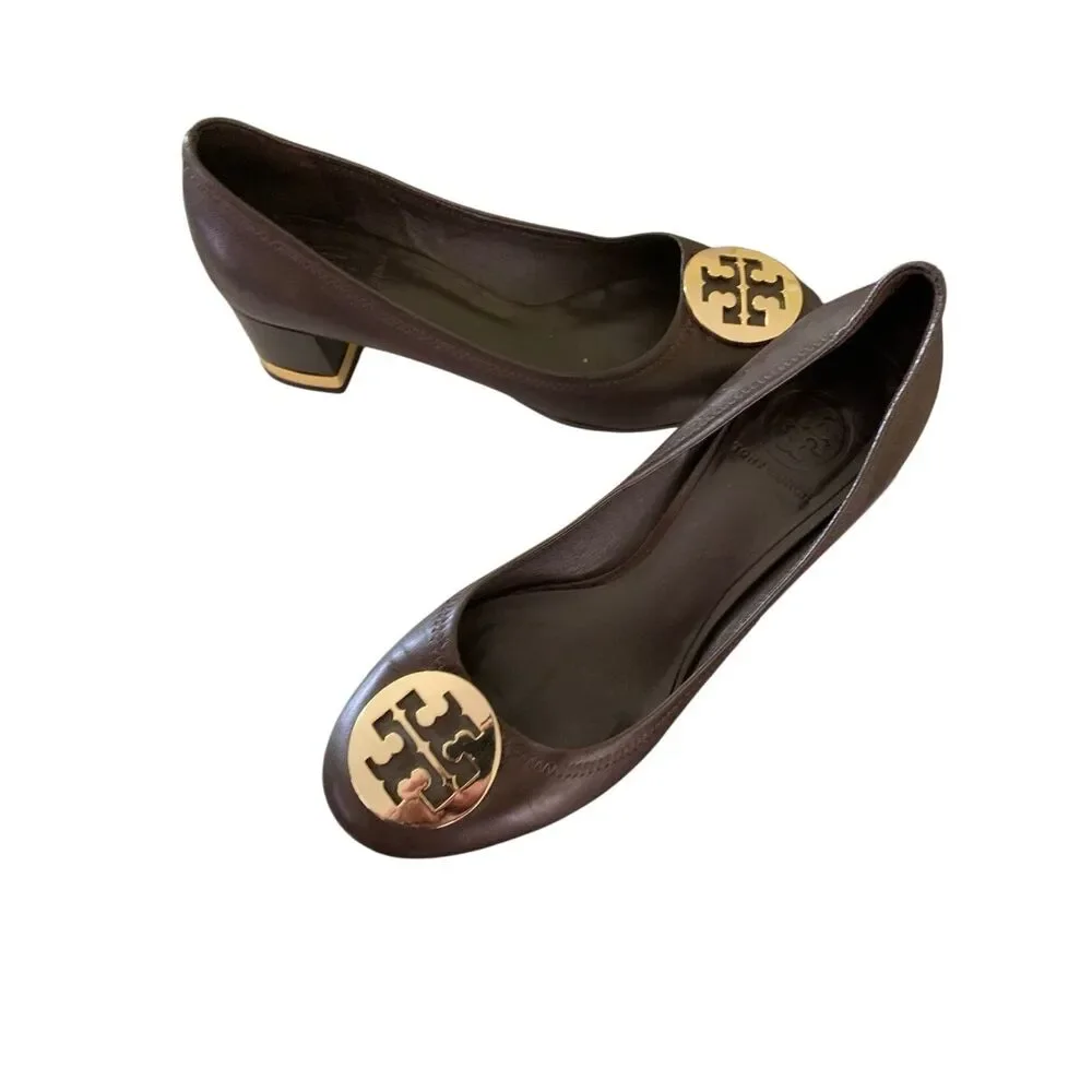 Tory Burch block heel wedges leather brown women's size 9